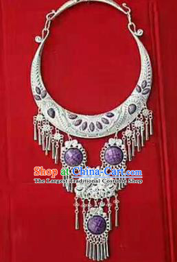 Chinese Traditional Dong Nationality Sliver Purple Necklace Ethnic Wedding Jewelry Accessories for Women