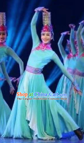 Chinese Traditional Mongol Nationality Costumes Mongolian Ethnic Folk Dance Blue Dress and Hat for Women