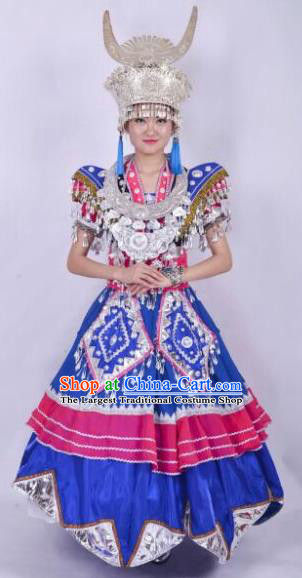 Chinese Traditional Miao Nationality Wedding Costumes Hmong Ethnic Folk Dance Dress and Headwear for Women