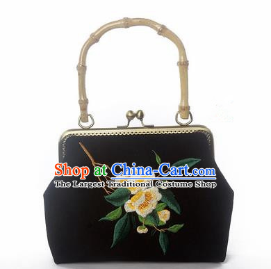 Chinese Traditional Handmade Embroidered Camellia Black Bags Retro Handbag for Women