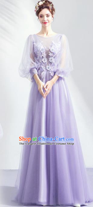 Top Grade Handmade Catwalks Costumes Compere Light Purple Veil Full Dress for Women