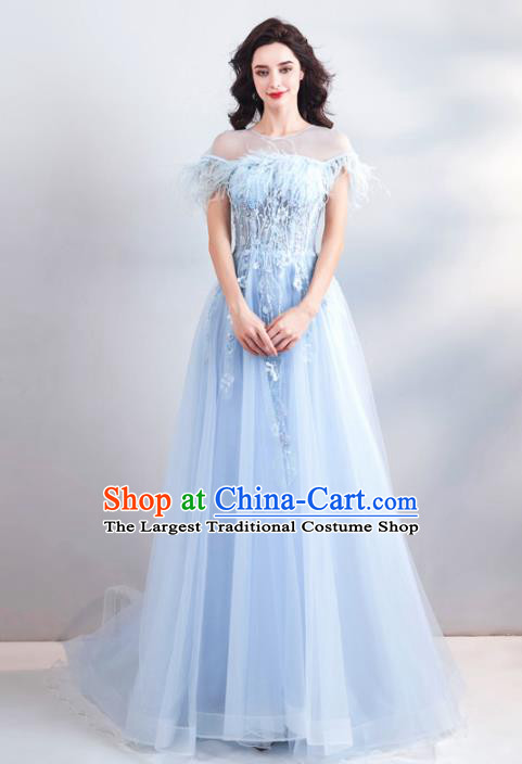 Top Grade Handmade Catwalks Costumes Compere Bride Blue Feather Full Dress for Women
