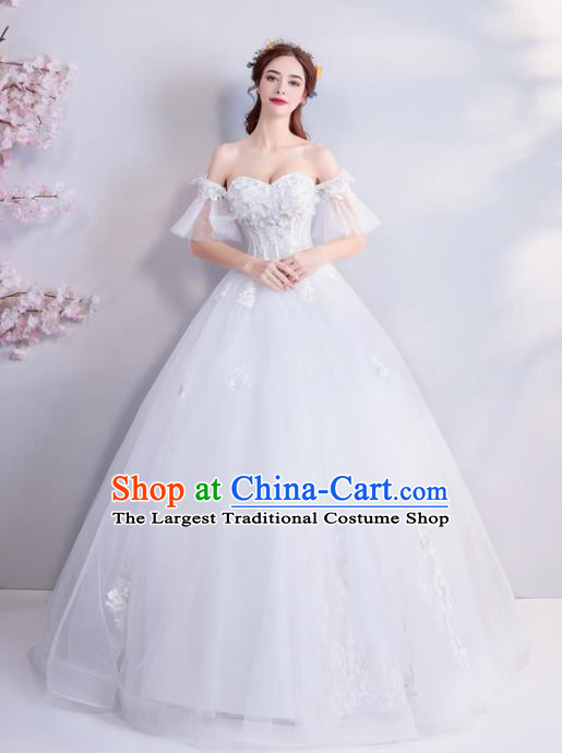 Top Grade Princess Flat Shouders Wedding Dress Handmade Fancy White Wedding Gown for Women