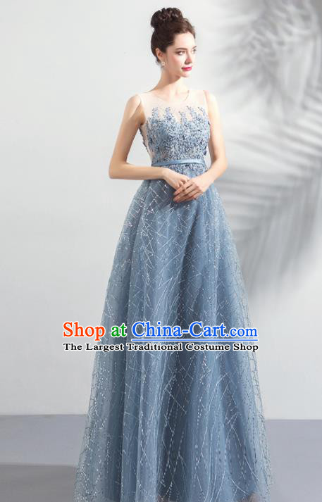 Top Grade Compere Blue Veil Formal Dress Handmade Catwalks Flower Fairy Bride Costume for Women