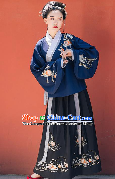 Chinese Ancient Ming Dynasty Nobility Lady Embroidered Costumes Navy Blouse and Black Skirt for Women