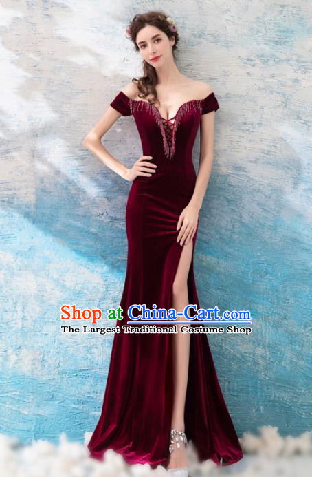 Top Grade Compere Wine Red Velvet Formal Dress Handmade Catwalks Angel Full Dress for Women