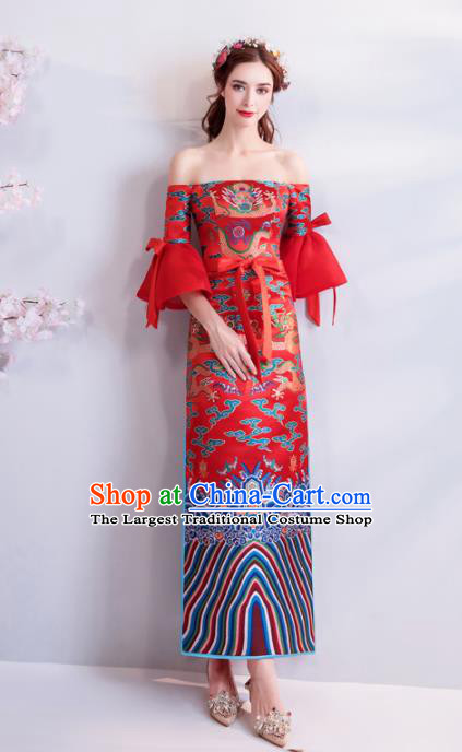 Chinese Traditional Chorus Dragons Cheongsam Wedding Bride Compere Red Full Dress for Women