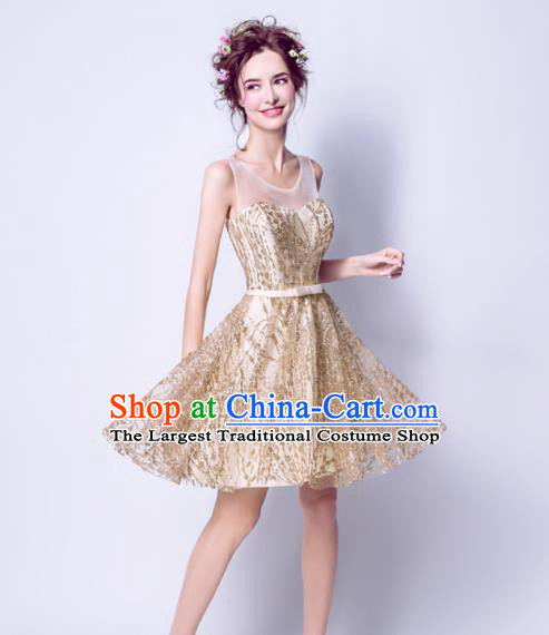 Top Grade Golden Short Evening Dress Compere Costume Handmade Catwalks Angel Full Dress for Women
