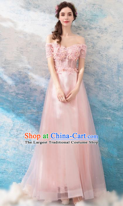 Top Grade Pink Flat Shouders Evening Dress Compere Costume Handmade Catwalks Angel Full Dress for Women