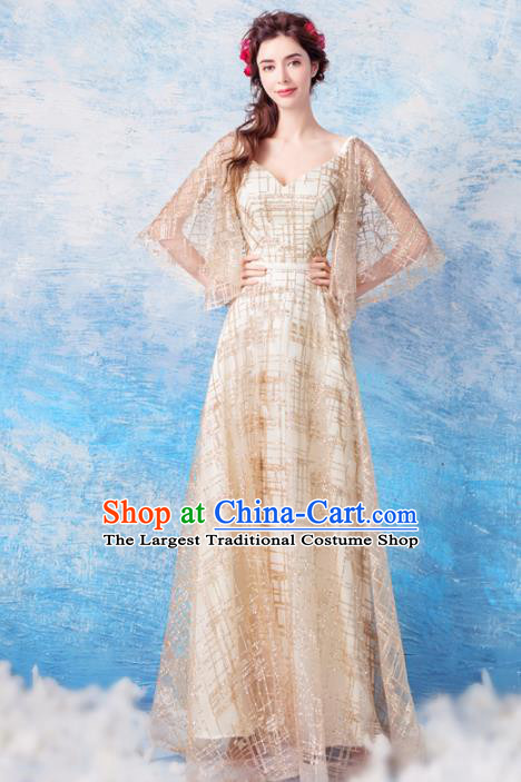 Top Grade Golden Evening Dress Compere Costume Handmade Catwalks Angel Full Dress for Women