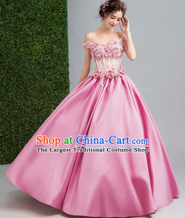 Handmade Bride Pink Silk Wedding Dress Princess Costume Flowers Fairy Fancy Wedding Gown for Women