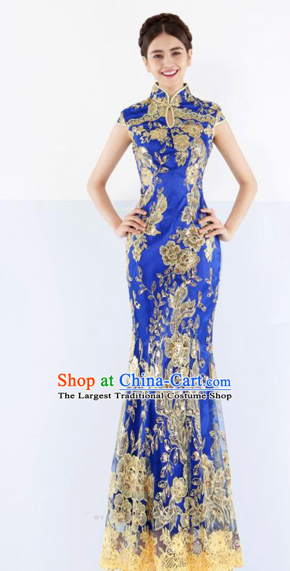 Chinese Traditional Embroidered Blue Mermaid Cheongsam Wedding Bride Compere Chorus Full Dress for Women