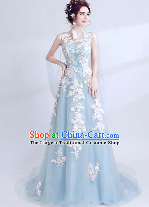 Handmade Blue Veil Embroidered Evening Dress Compere Costume Catwalks Angel Full Dress for Women