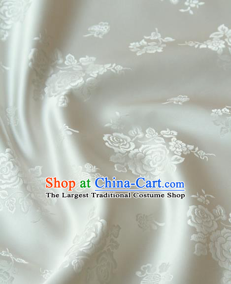 Asian Korean Classical White Brocade Traditional Palace Peony Pattern Satin Fabric Silk Fabric Material