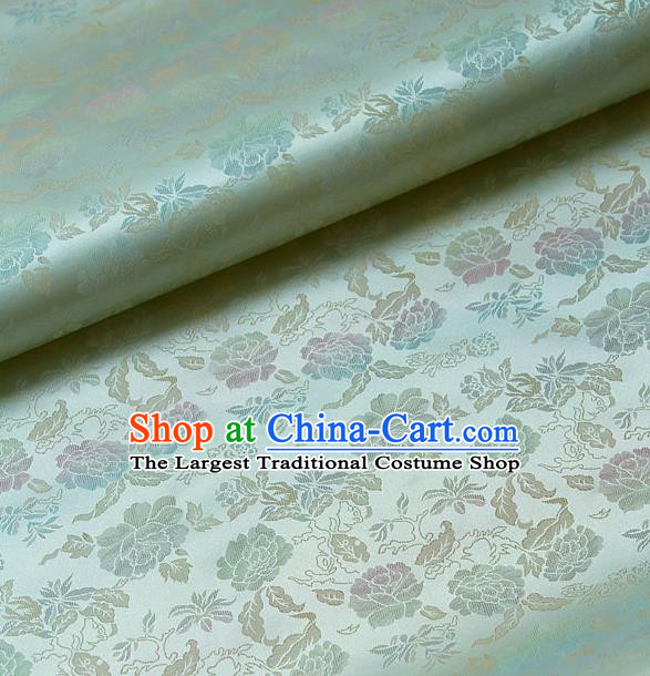 Traditional Asian Classical Peony Pattern Light Green Brocade Drapery Korean Hanbok Palace Satin Silk Fabric