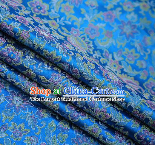 Chinese Traditional Apparel Blue Brocade Fabric Classical Pink Flowers Pattern Design Material Satin Drapery