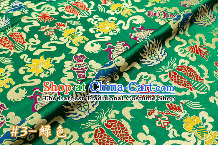 Chinese Traditional Green Nanjing Brocade Satin Fabric Tang Suit Material Classical Double Fishes Pattern Design Drapery