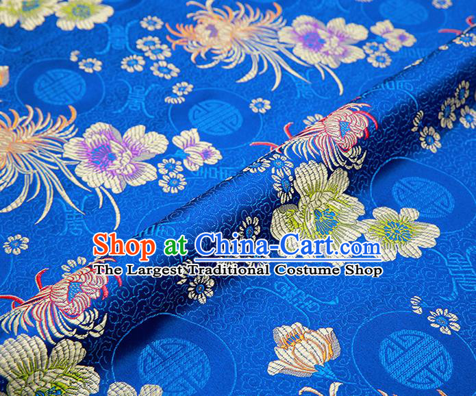 Chinese Traditional Blue Satin Classical Chrysanthemum Peony Pattern Design Brocade Fabric Tang Suit Material Drapery