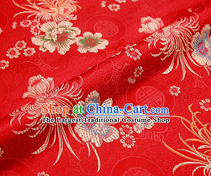 Chinese Traditional Red Satin Classical Chrysanthemum Peony Pattern Design Brocade Fabric Tang Suit Material Drapery