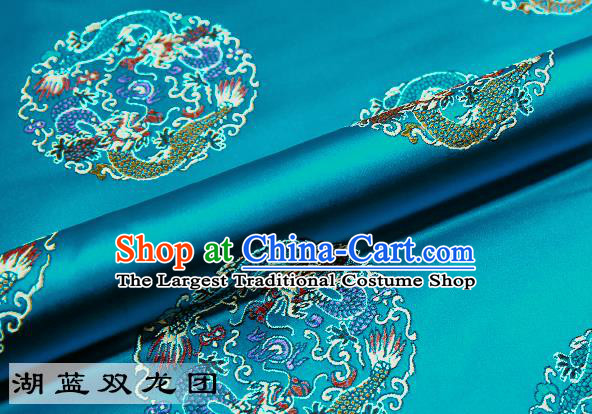 Chinese Traditional Blue Satin Classical Dragons Pattern Design Brocade Fabric Tang Suit Material Drapery