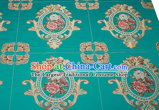 Top Grade Classical Flocked Peony Pattern Green Brocade Chinese Traditional Garment Fabric Cushion Satin Material Drapery
