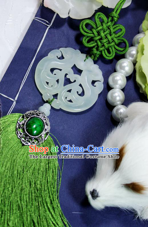 Chinese Traditional Handmade Green Tassel Waist Accessories Palace Jade Pendant for Men