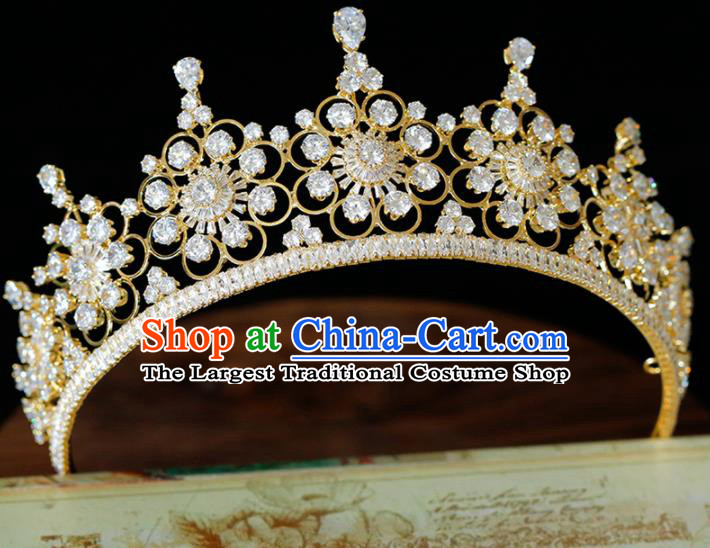 Top Grade Handmade Bride Zircon Golden Royal Crown Baroque Princess Hair Accessories for Women