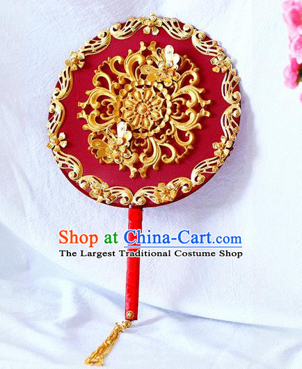 Chinese Traditional Wedding Round Fans Ancient Bride Handmade Red Palace Fans for Women