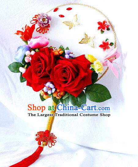 Chinese Traditional Wedding Round Fans Ancient Bride Handmade Red Roses Palace Fans for Women