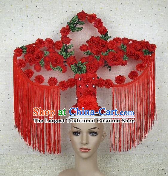 Top Grade Chinese Handmade Lace Headdress Traditional Red Roses Tassel Hair Accessories for Women