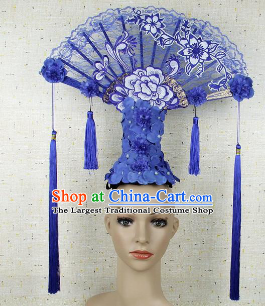 Top Grade Chinese Handmade Blue Lace Headdress Traditional Hair Accessories for Women