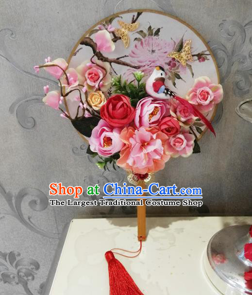 Chinese Traditional Wedding Pink Flowers Bird Round Fans Ancient Bride Handmade Palace Fans for Women