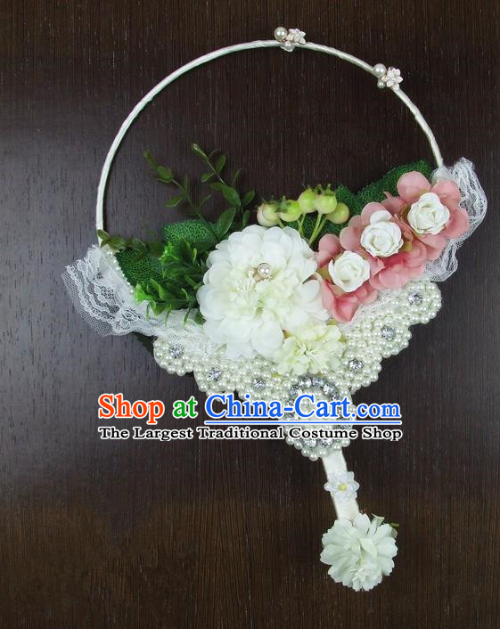 Chinese Traditional Wedding White Round Fans Ancient Bride Handmade Pearls Palace Fans for Women
