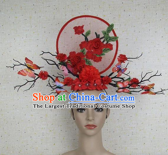 Top Grade Chinese Handmade Red Flowers Butterfly Headdress Traditional Hair Accessories for Women