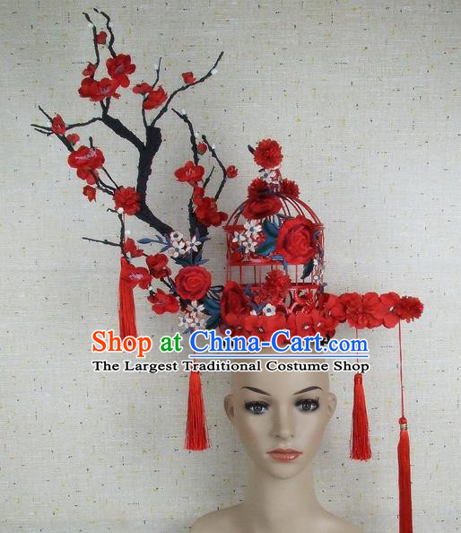 Top Grade Chinese Handmade Red Plum Blossom Birdcage Headdress Traditional Hair Accessories for Women