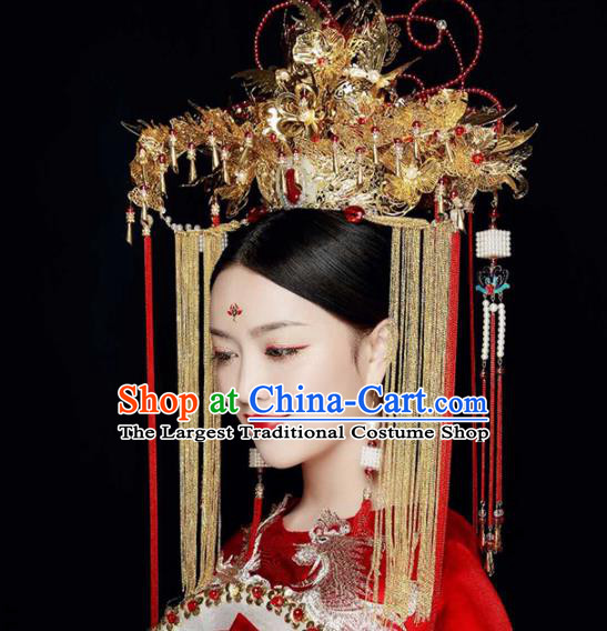 Chinese Traditional Wedding Jade Phoenix Coronet Ancient Bride Handmade Hair Accessories for Women