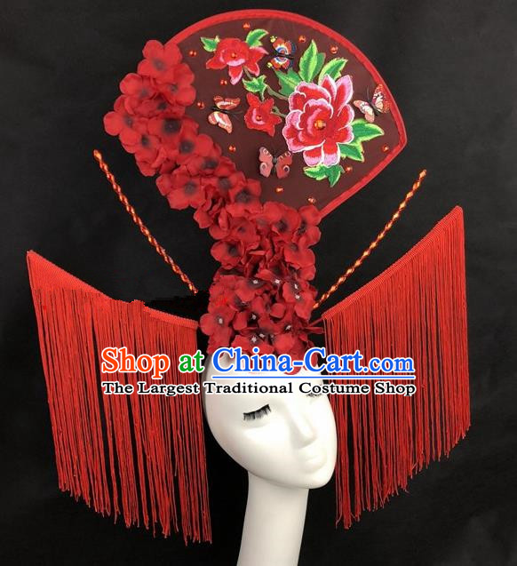 Chinese Traditional Palace Exaggerated Headdress Catwalks Red Peony Tassel Hair Accessories for Women