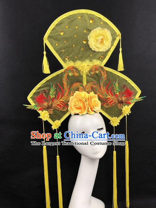 Chinese Traditional Palace Exaggerated Headdress Catwalks Embroidered Phoenix Yellow Hair Accessories for Women