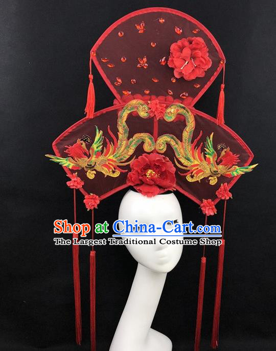 Chinese Traditional Palace Exaggerated Headdress Catwalks Embroidered Phoenix Red Hair Accessories for Women