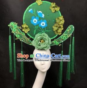 Chinese Traditional Palace Exaggerated Headdress Catwalks Green Peony Embroidered Hair Accessories for Women