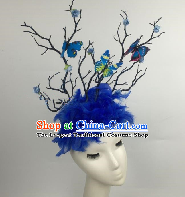 Top Grade Catwalks Hair Accessories Halloween Brazilian Carnival Blue Feather Branch Headdress for Kids