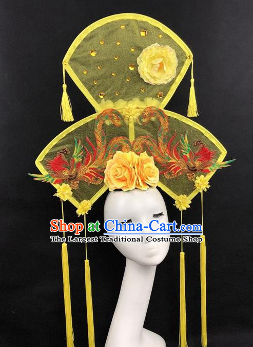 Chinese Traditional Palace Exaggerated Headdress Embroidered Phoenix Yellow Catwalks Hair Accessories for Women