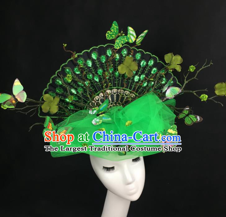 Chinese Traditional Exaggerated Headdress Palace Catwalks Green Veil Butterfly Hair Accessories for Women