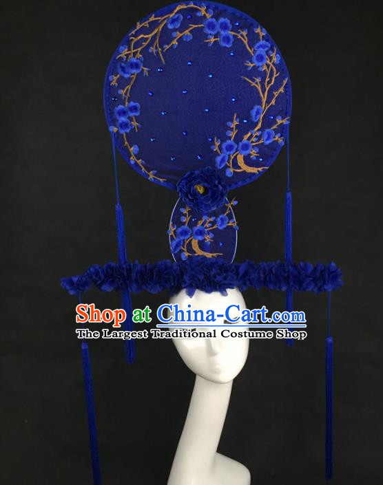 Chinese Traditional Exaggerated Headdress Palace Catwalks Blue Peony Butterfly Hair Accessories for Women