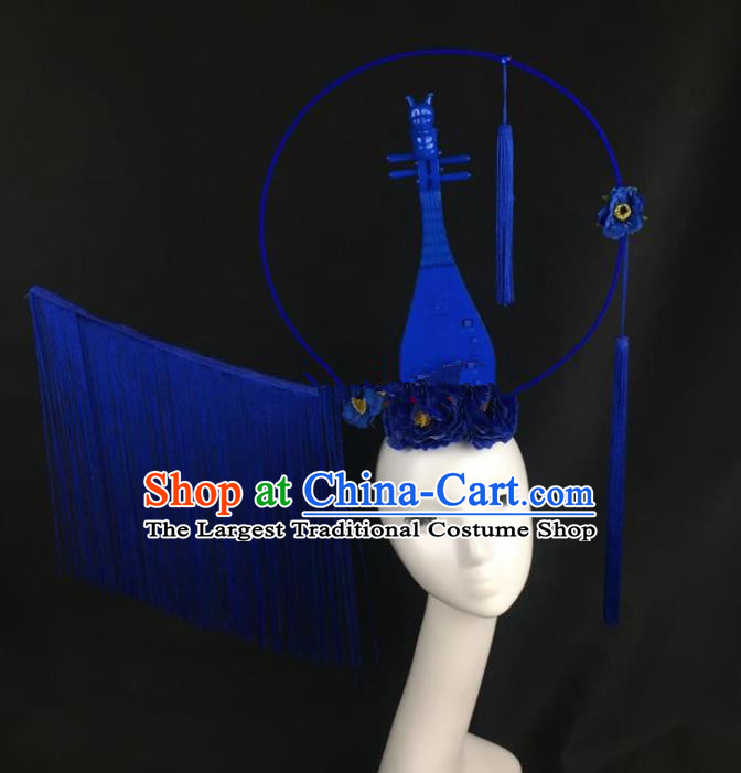 Chinese Traditional Exaggerated Headdress Palace Catwalks Blue Lute Hair Accessories for Women