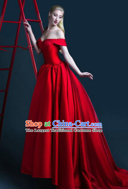 Top Grade Catwalks Costume Red Satin Trailing Full Dress for Women