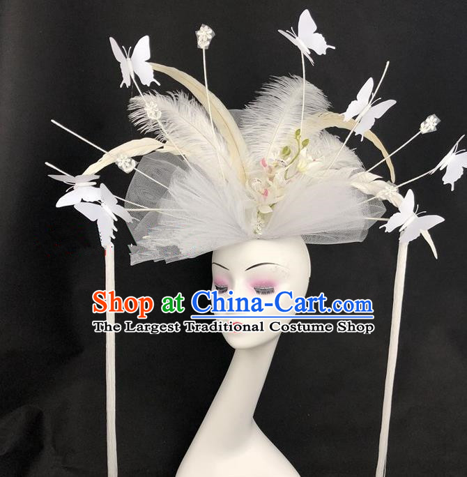Chinese Traditional Exaggerated Headdress Children Catwalks White Veil Feather Hair Accessories for Kids