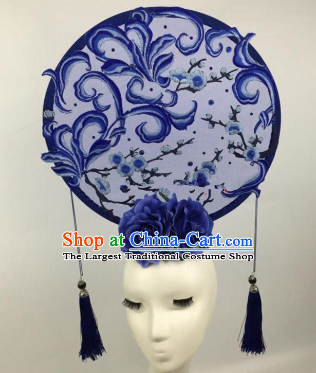 Chinese Traditional Exaggerated Palace Headdress Catwalks Embroidered Wintersweet Blue Hair Accessories for Women