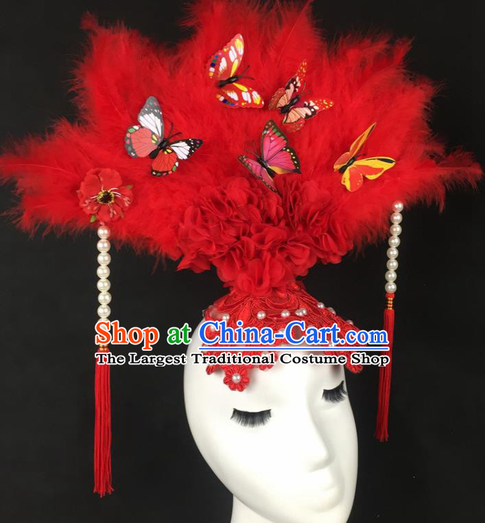 Chinese Traditional Catwalks Exaggerated Headdress Palace Red Feather Hair Accessories for Women