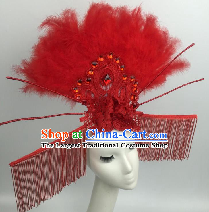 Chinese Traditional Catwalks Exaggerated Red Feather Headdress Palace Hair Accessories for Women